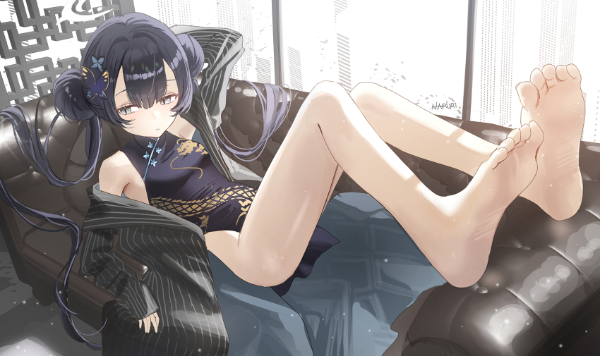 1girl ass barefoot black_dress black_hair blue_archive breasts butterfly_hair_ornament china_dress chinese_clothes double_bun dragon_print dress feet grey_eyes grey_halo hair_bun hair_ornament halo haruri highres kisaki_(blue_archive) long_hair small_breasts soles solo toes twintails