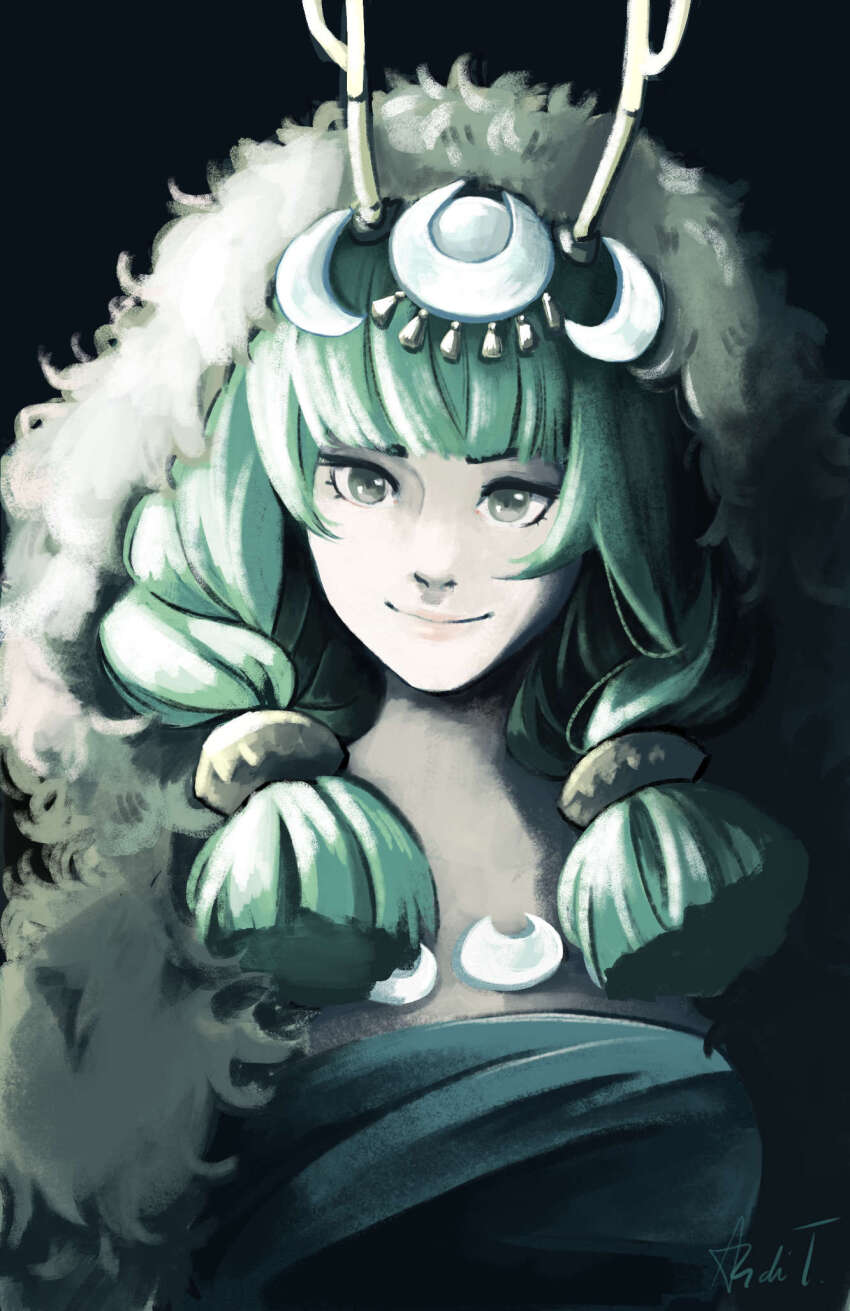 1girl ancient_greek_clothes anditiucs antlers artemis_(hades) deer_antlers dress greco-roman_clothes green_eyes green_hair hades_(series) hades_2 highres horns long_hair looking_at_viewer quail smile solo