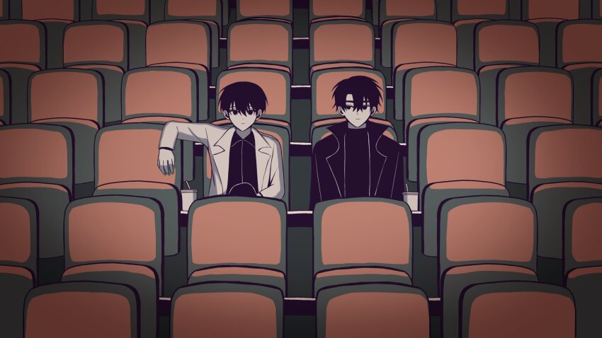 2boys black_coat black_eyes black_hair black_shirt coat collared_shirt cup elbow_rest hashtag-only_commentary highres kim_dokja knee_up len_i00 looking_at_another looking_at_viewer male_focus movie_theater multiple_boys omniscient_reader&#039;s_viewpoint open_clothes open_coat popped_collar shirt short_hair sitting upper_body white_coat yoo_joonghyuk