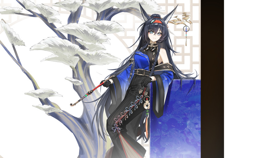 1girl absurdres ambience_synesthesia animal_ears arknights belt black_belt black_gloves black_hair blaze_(arknights) blue_eyes breasts chinese_clothes gloves highres long_hair looking_at_viewer shale smile solo very_long_hair wide_sleeves
