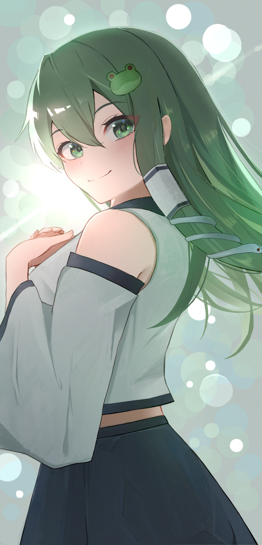 1girl absurdres bare_shoulders blue_skirt blurry bokeh closed_mouth commentary cowboy_shot depth_of_field detached_sleeves frog_hair_ornament green_eyes green_hair hair_ornament hair_tubes hands_on_own_chest highres kochiya_sanae long_hair looking_at_viewer looking_back own_hands_together palulap shirt single_hair_tube skirt sleeveless sleeveless_shirt smile snake_hair_ornament solo sunlight touhou white_shirt white_sleeves wide_sleeves