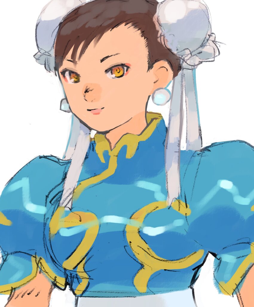 1girl absurdres brown_hair bun_cover capcom chun-li closed_mouth double_bun earrings eyeliner gan2 hair_bun highres jewelry makeup pearl_earrings pink_lips puffy_short_sleeves puffy_sleeves red_eyeliner short_hair short_sleeves simple_background smile solo street_fighter upper_body white_background yellow_eyes