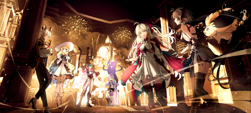 1boy 5girls abby_(wuthering_waves) absurdres aerial_fireworks bandaged_arm bandages bare_shoulders black_dress black_gloves black_hair black_horns black_pants black_shoes black_shorts blonde_hair bow brant_(wuthering_waves) breasts carlotta_(wuthering_waves) commentary_request cup curled_horns dress drinking_glass everyone female_rover_(wuthering_waves) fireworks gloves hair_bow hat high_heels highres holding holding_cup horns jacket long_hair looking_at_another low_ponytail medium_breasts multiple_girls necktie pants pantyhose pero_(wuthering_waves) phoebe_(wuthering_waves) pink_bow pink_jacket ponytail red_necktie roccia_(wuthering_waves) rover_(wuthering_waves) shirt shoes shorts skirt smile suitcase tacet_mark_(wuthering_waves) taking_another&#039;s_hand thighs tight_clothes tight_pants user_kkeu5832 waving white_dress white_hair white_hat white_pantyhose white_shirt white_skirt wuthering_waves zani_(wuthering_waves)