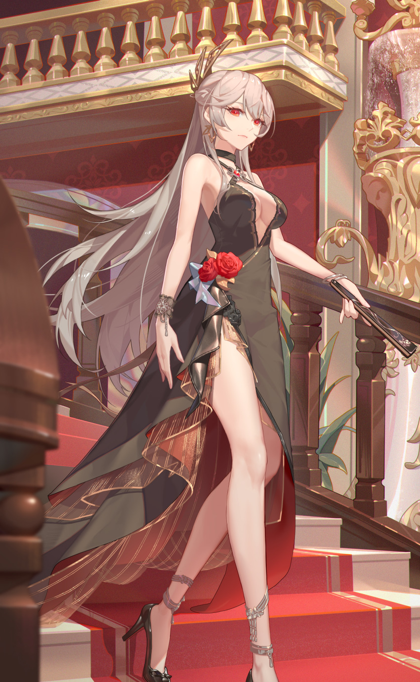1girl absurdres bare_shoulders black_dress breasts cleavage crazy_ones dress flower formal_clothes grey_hair high_heels highres large_breasts long_hair official_art red_carpet red_eyes red_flower red_rose rose solo stairs stiletto_heels walking xia_bing_(crazy_ones)
