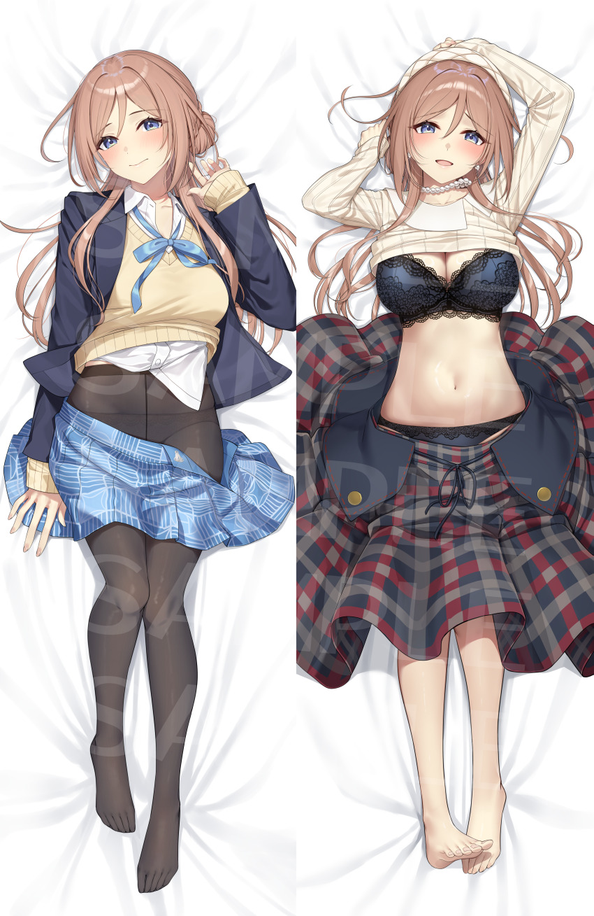 1girl absurdres barefoot bed_sheet black_bra black_pantyhose blazer blue_jacket blue_skirt blush bra breasts brown_hair cleavage clothes_pull dakimakura_(medium) gakuen_idolmaster go-1 hair_spread_out hatsuboshi_gakuen_school_uniform highres himesaki_rinami idolmaster jacket large_breasts lying multiple_views navel on_back pantyhose plaid_clothes plaid_skirt school_uniform skirt skirt_pull smile stomach sweater toes underwear white_sweater yellow_sweater