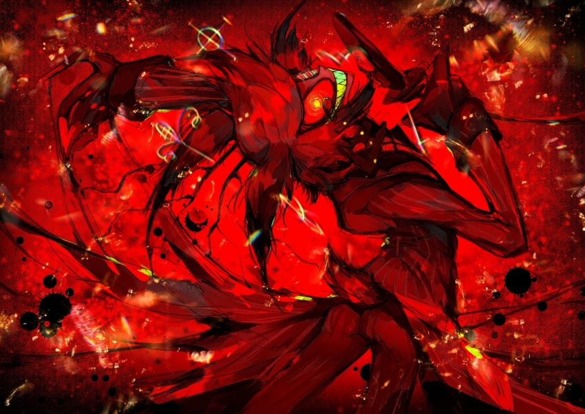1boy absurdres alastor_(hazbin_hotel) animal_ears antlers chromatic_aberration coat coattails colored_sclera colored_teeth commentary deer_antlers deer_boy deer_ears deer_tail demon_boy english_commentary evil_grin evil_smile eyewear_strap glitch gloves glowing glowing_eye grin hazbin_hotel highres holding holding_microphone horns ink leaning_back long_sleeves looking_at_viewer male_focus microphone monocle mudeng_juice outstretched_arm pants red_background red_coat red_gloves red_pants red_sclera red_theme sharp_teeth short_hair smile solo standing striped_coat tail teeth vintage_microphone yellow_eyes yellow_teeth