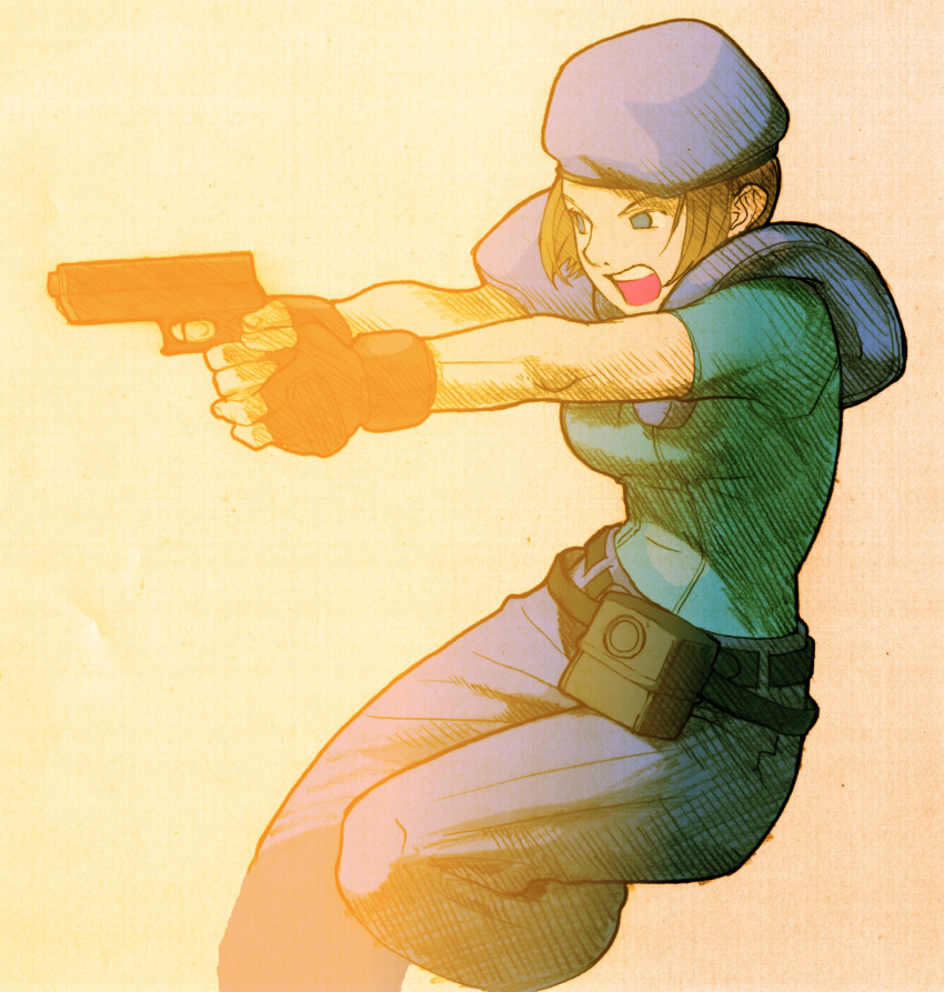 1girl aiming angry armor belt bengus beret black_belt black_boots black_gloves blue_eyes blue_pants blue_shirt boots bracer breasts brown_hair buckle capcom combat_boots emblem facing_to_the_side fingerless_gloves full_body game_cg gloves gun handgun hat highres holding holding_gun holding_weapon jill_valentine leg_up loose_belt marvel_vs._capcom marvel_vs._capcom_2 medium_breasts multiple_belts non-web_source official_art open_mouth pants parted_lips police police_uniform policewoman pouch resident_evil resident_evil_1 scan shirt short_hair short_sleeves shoulder_pads sidelighting simple_background solo standing star_(symbol) sweatdrop teeth traditional_media weapon