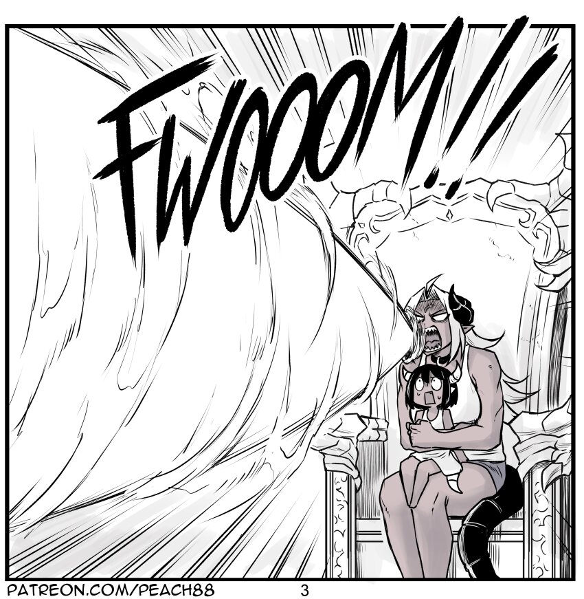 2girls absurdres alvida_(peach88) artist_name black_horns breasts breath_weapon comic dark-skinned_female dark_skin demon_girl demon_horns demon_tail energy_blast english_text highres horns large_breasts long_hair medium_breasts mother_and_daughter mouth_beam multiple_girls muscular muscular_female original patreon_username peach88 pointy_ears red_eyes sharp_teeth sitting sitting_on_lap sitting_on_person surprised tail teeth throne watermark web_address white_horns zenith_(peach88)
