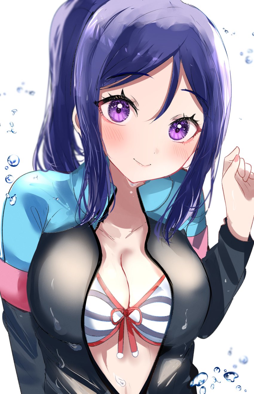 1girl absurdres artist_name artist_request bikini bikini_top_only bikini_under_clothes blue_bikini blue_bodysuit blue_hair blush bodysuit bow bow_bikini breasts center_opening cleavage close-up collarbone diving diving_suit female_focus freediving front-tie_bikini_top front-tie_top hair_between_eyes halterneck high_ponytail highres long_hair looking_at_viewer love_live! love_live!_school_idol_festival love_live!_sunshine!! matsuura_kanan medium_breasts open_bodysuit open_clothes parted_lips ponytail purple_eyes smile solo string_bikini striped_bikini striped_bikini_top striped_clothes sunya_(honorin-yuunibo) sunya_(honorin_megumin) sunya_(pixiv17390904) swimsuit unzipped upper_body wetsuit white_background white_bikini zipper zipper_pull_tab