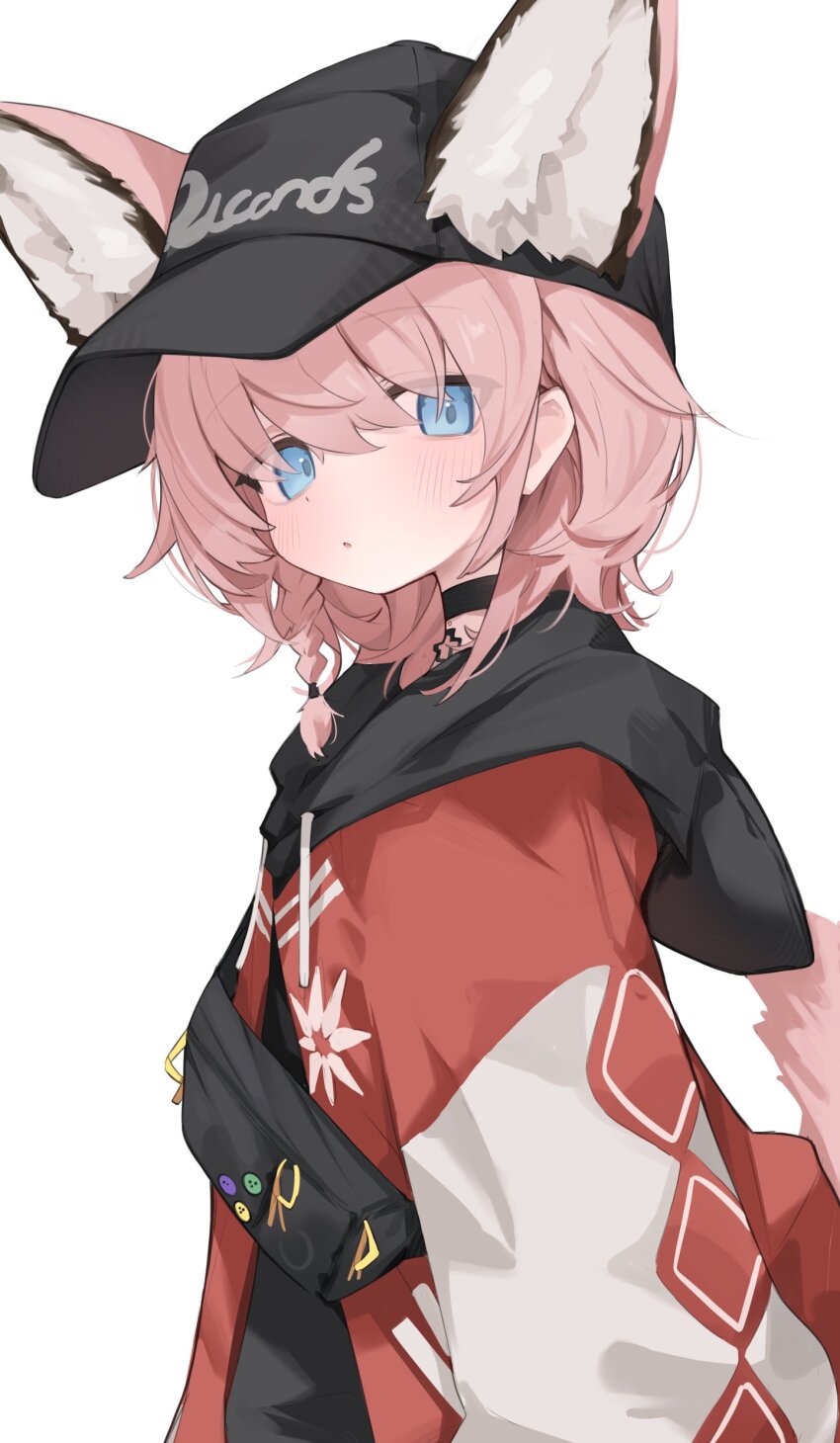 1girl absurdres animal_ears arknights black_choker black_hat blue_eyes choker ears_through_headwear extra_ears fox_ears fox_girl hat highres hood jacket looking_at_viewer mikozin official_alternate_costume open_mouth pink_hair red_jacket simple_background solo sussurro_(arknights) sussurro_(travel_freely)_(arknights) tail white_background