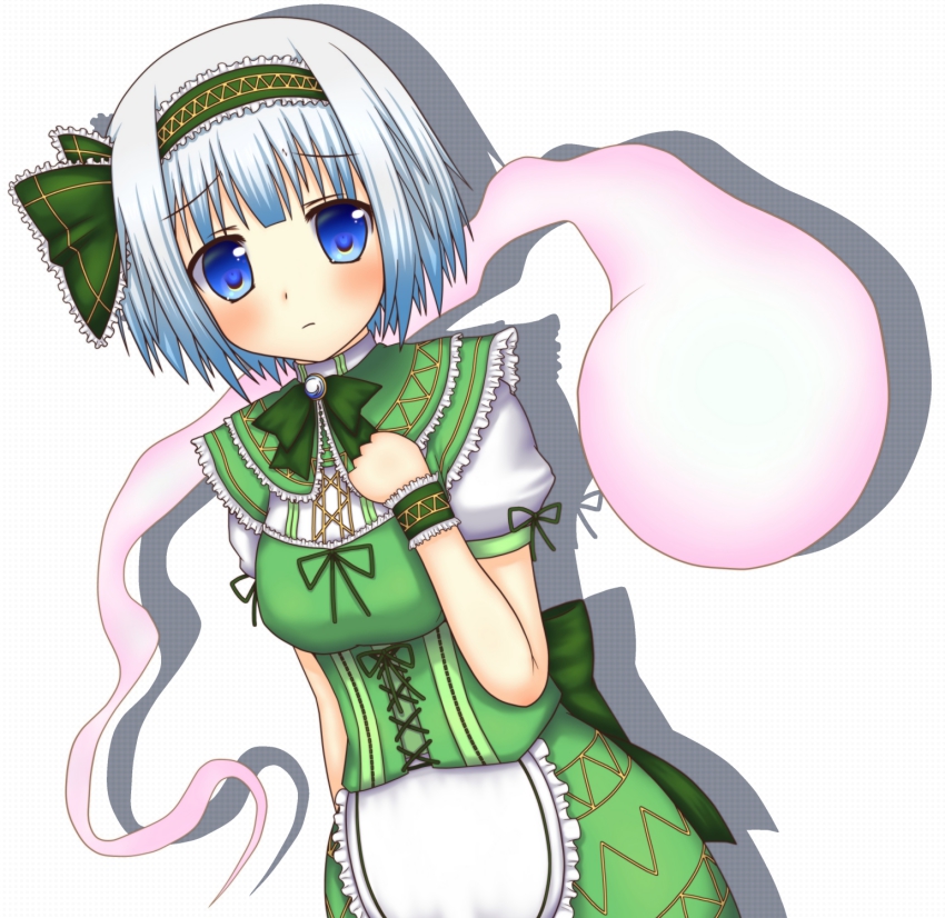 1girl alternate_costume apron blue_eyes blush enmaided female_focus frills hairband hestia hestia_(neko_itachi) highres konpaku_youmu konpaku_youmu_(ghost) maid maid_apron ribbon short_hair silver_hair simple_background solo touhou white_background wristband