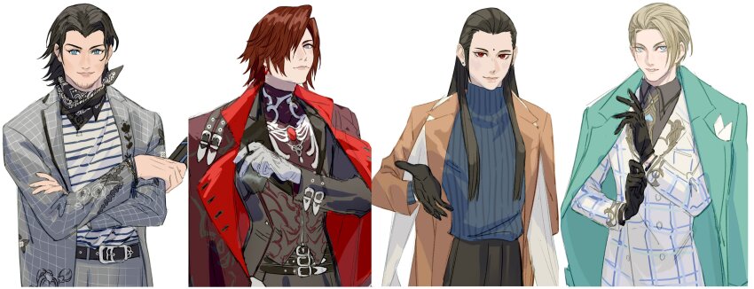 4boys absurdres angeal_hewley bindi black_gloves black_hair black_neckerchief black_pantyhose blonde_hair blue_eyes blue_sweater brown_coat brown_hair coat coat_on_shoulders collared_shirt crisis_core_final_fantasy_vii earrings final_fantasy final_fantasy_vii final_fantasy_vii_remake genesis_rhapsodos gloves green_coat grey_gloves grey_jacket grey_shirt grid_print hair_over_one_eye hair_slicked_back highres jacket jewelry male_focus medium_hair multiple_boys neckerchief pantyhose parted_bangs parted_lips print_jacket red_eyes rufus_shinra shirt sidelocks sweater tseng turtleneck turtleneck_sweater upper_body vendobear white_background white_jacket