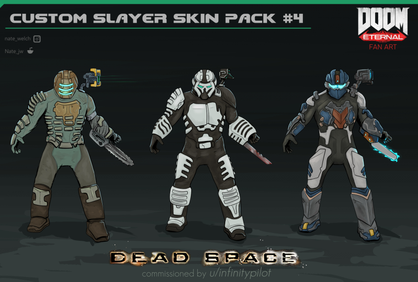armor crossover dead_space deadspace deadspace2 doom_(series) doom2016 doom_(series) doom_2016 doom_eternal doom_guy doom_slayer doometernal doomguy doomslayer exosuit fan_art highres isaac_clarke isaacclarke plasmacutter pulse_rifle pulserifle science_fiction sciencefiction soldier