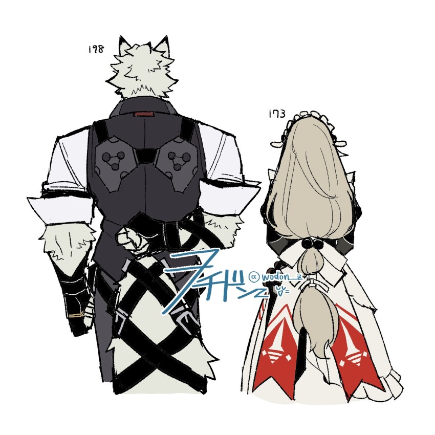 1boy 1girl alexandrina_sebastiane arm_behind_back artist_name black_gloves brown_hair butler cowboy_shot from_behind gloves height highres long_hair maid maid_headdress short_hair simple_background standing von_lycaon white_background white_hair wodon_(neotidon) zenless_zone_zero