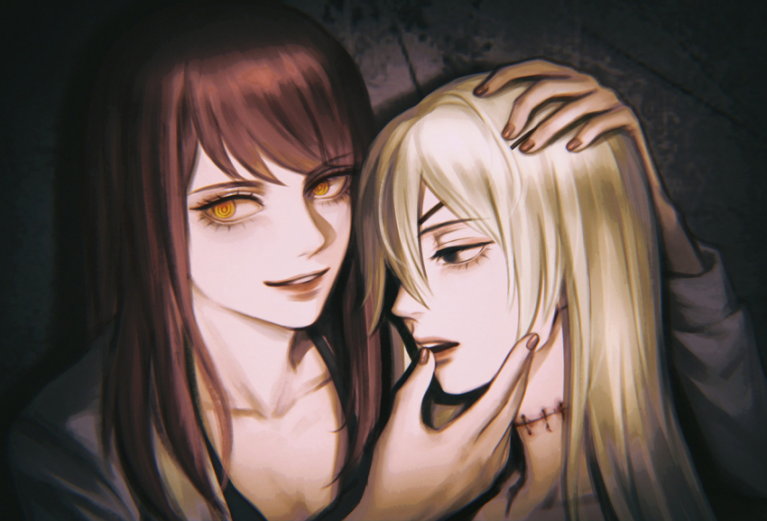 2girls alternate_hair_color black_eyes blonde_hair brown_hair chainsaw_man collarbone commentary czy_(2894456992) empty_eyes eyepatch makima_(chainsaw_man) multiple_girls open_mouth quanxi_(chainsaw_man) ringed_eyes stitched_neck stitches yellow_eyes