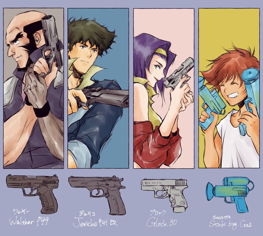 2boys 2girls beard child cowboy_bebop dark-skinned_female dark_skin edward_wong_hau_pepelu_tivrusky_iv facial_hair faye_valentine gun healer_(7th_dragon) highres holding holding_weapon jericho_(7th_dragon) jet_black lipstick makeup multiple_boys multiple_girls orange_hair prosthesis prosthetic_arm purple_hair spike_spiegel tobalin weapon