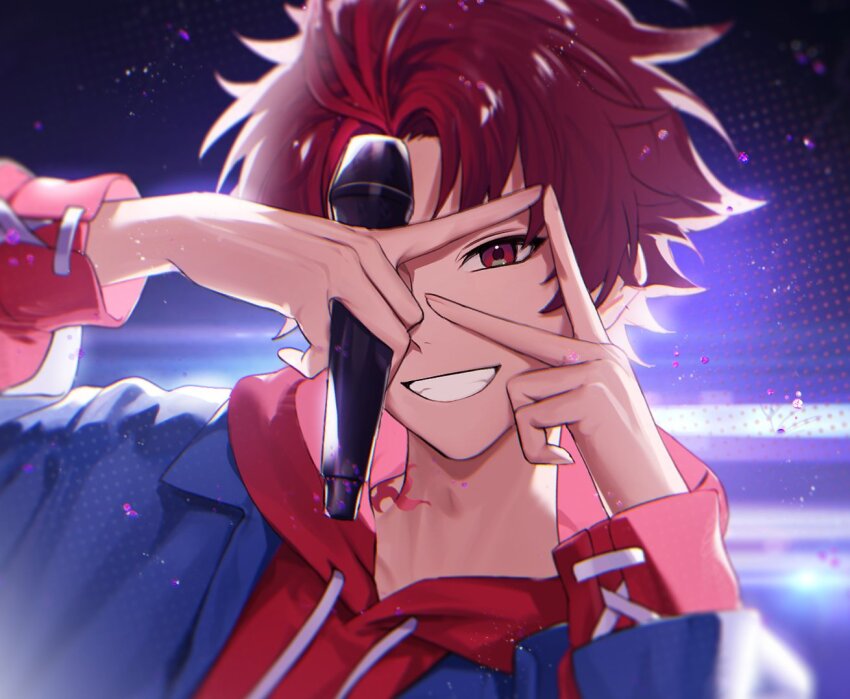 1boy black_background blue_background blue_jacket hood hood_down hoodie jacket long_sleeves male_focus multicolored_background neck_tattoo nyamnyam0502 paradox_live purple_background red_eyes red_hair red_hoodie short_hair smile solo sugasano_allen tattoo teeth v white_string