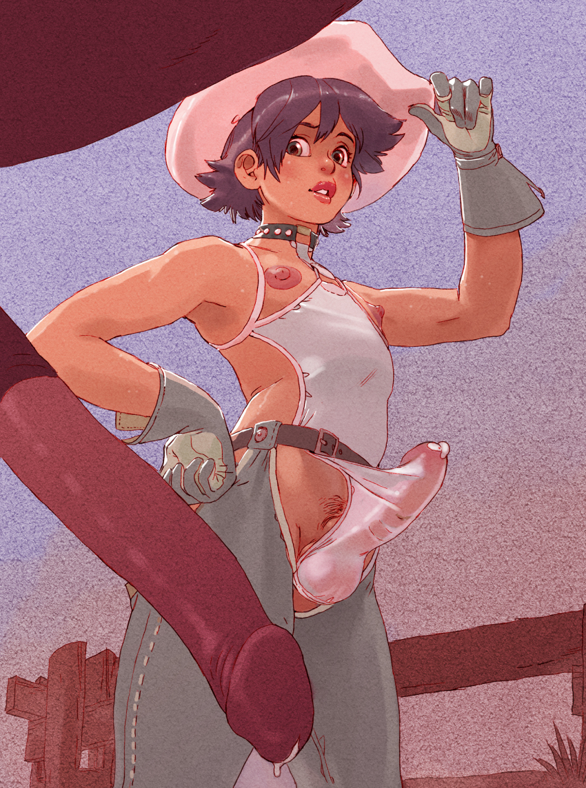 1boy androgynous animal_penis bad_id bad_pixiv_id belt brown_eyes brown_hair bulge chaps choker cowboy_hat gloves hat highres horse horse_penis huge_penis joel_jurion looking_at_penis male_focus nipples open_mouth original penis penis_size_difference precum short_hair solo_focus standing trap uncensored