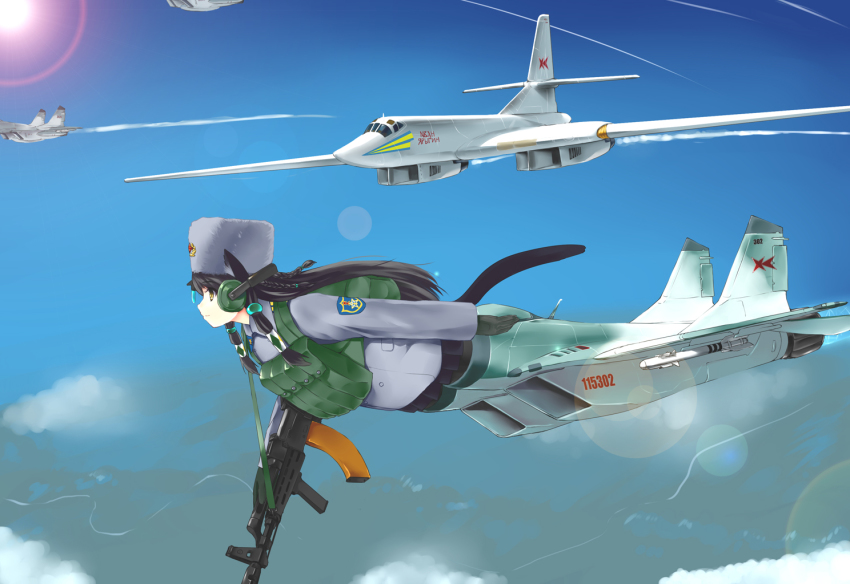 1girl aircraft airplane animal_ears black_pantyhose cat_ears cat_tail day flying full_body gloves green_hair gun gun_sling hair_tubes hat headphones jet lens_flare mecha_musume military military_uniform mizuki_(mizuki_ame) original pantyhose rifle russia sky strike_witches strike_witches_1991 striker_unit stubby_grip tail tu-160 vertical_forward_grip weapon world_witches_series yellow_eyes