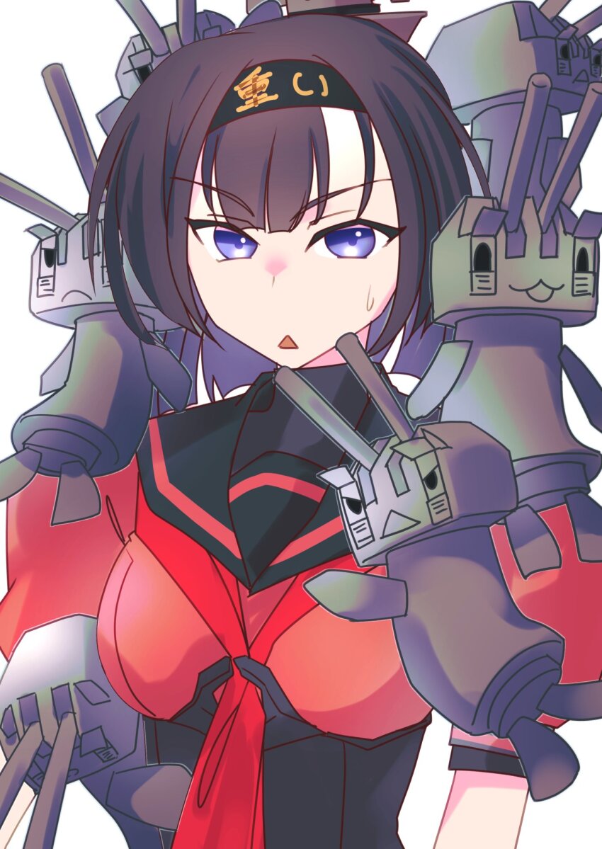 1girl akizuki_(kancolle) alternate_color black_headband black_neckerchief blue_eyes chou-10cm-hou-chan commentary_request corset headband highres kantai_collection looking_at_viewer neckerchief ponytail red_neckerchief red_shirt school_uniform serafuku shirt simple_background tsukasa_(tukasa_br) upper_body white_background