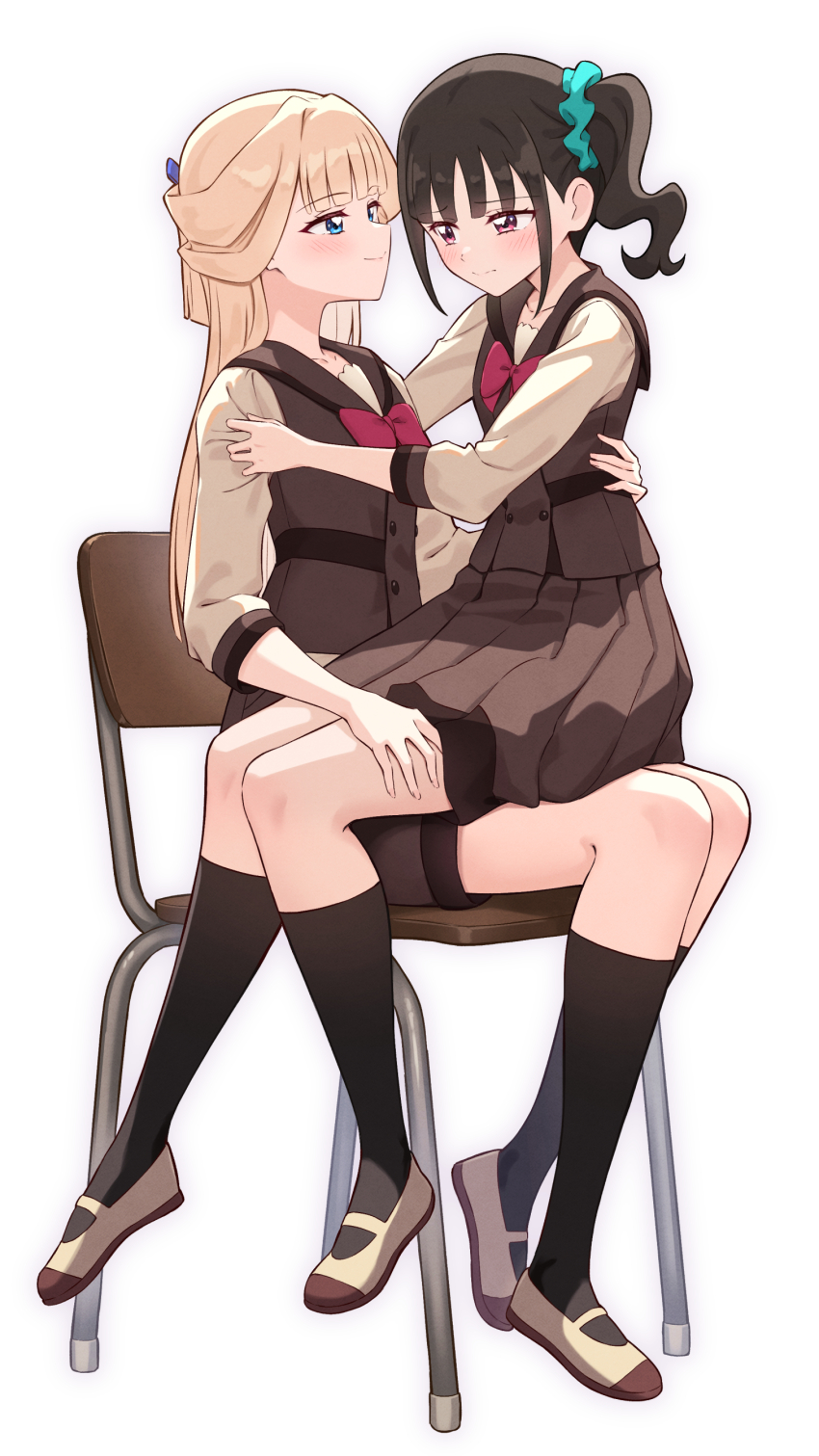 2girls absurdres black_hair blonde_hair blue_eyes blush bow bowtie chair highres hug long_hair looking_at_another multiple_girls nekoyashiki_mayu nekoyashiki_yuki nuenue pink_eyes precure pulling_another&#039;s_clothes school_uniform shoes simple_background sitting sitting_on_person skirt smile socks white_background wonderful_precure! yuri