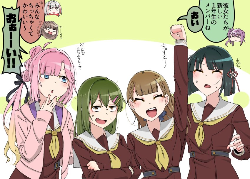 6+girls :&gt; :o ^_^ anyoji_hime black_hair black_ribbon blank_eyes blonde_hair blue_eyes blunt_bangs blunt_ends blush bob_cut braid breasts brown_dress brown_eyes brown_hair center-flap_bangs chibi chibi_inset closed_eyes colored_inner_hair colored_speech_bubble commentary_request crossed_arms diagonal_bangs dress flower flower_knot fujishima_megumi gradient_hair green_background green_hair grey_hair hair_bun hair_flower hair_intakes hair_ornament hair_ribbon hairclip hand_on_own_chin hasu_no_sora_school_uniform height_conscious highres inverted_bob jacket kachimachi_kosuzu large_breasts laughing link!_like!_love_live! lone_nape_hair long_hair long_sleeves looking_at_another looking_at_viewer loose_hair_strand love_live! momose_ginko multi-tied_hair multicolored_hair multiple_girls neckerchief oogami_sachi open_clothes open_jacket open_mouth otomune_kozue pink_hair pink_jacket pleated_dress ponytail purple_hair raised_fist red_hair ribbon sailor_collar sailor_dress sanpaku school_uniform short_hair side_braids side_ponytail sidelocks single_side_bun smile speech_bubble star_(symbol) star_hair_ornament straight_hair streaked_hair sweat swept_bangs tetetsu translation_request two-tone_background two_side_up virtual_youtuber white_background white_sailor_collar winter_uniform yellow_neckerchief yugiri_tsuzuri