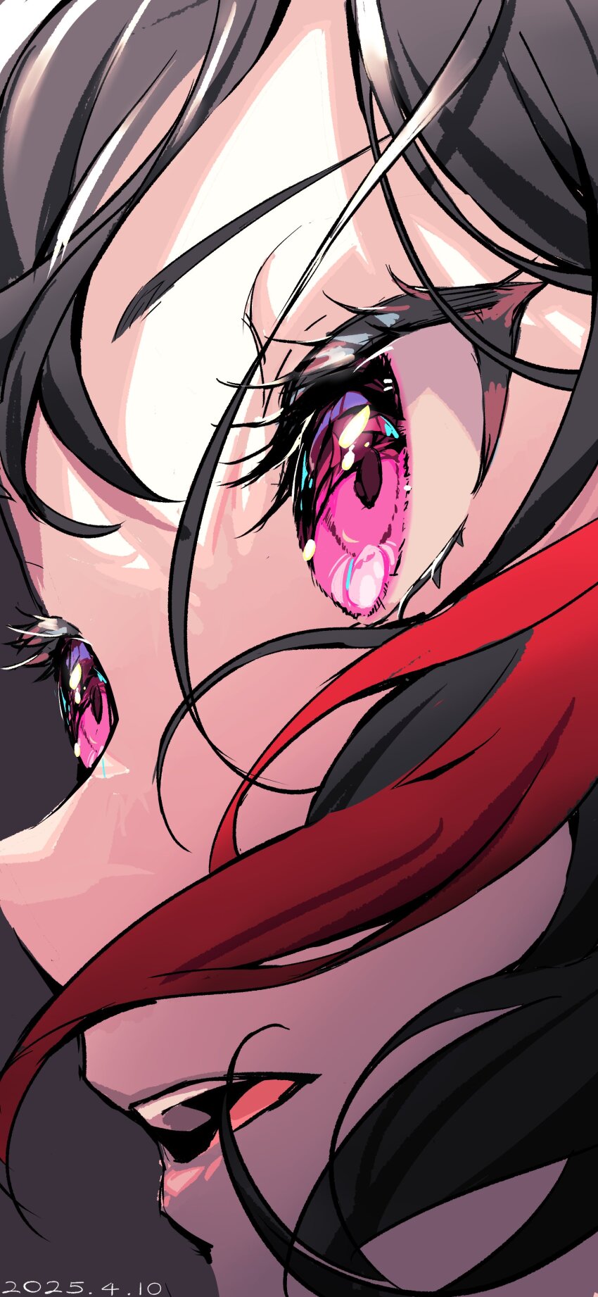 1girl absurdres bang_dream! black_hair close-up commentary dated grey_background highres mitake_ran multicolored_hair nobusawa_osamu pink_eyes purple_eyes red_hair solo streaked_hair