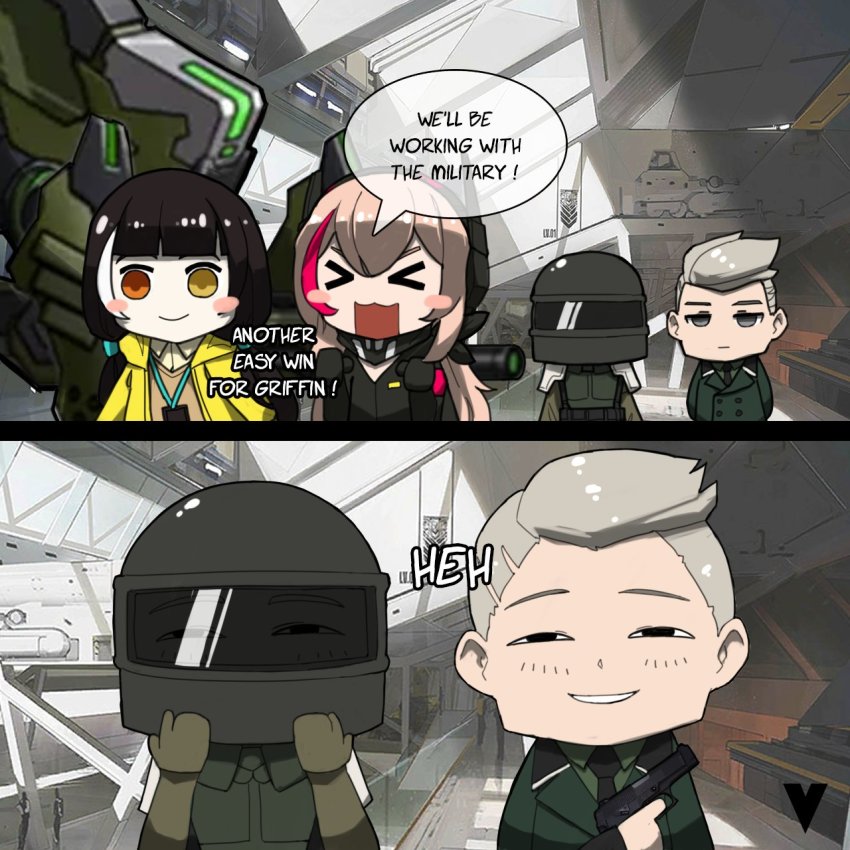 &gt;_&lt; 2boys 2girls anya&#039;s_heh_face_(meme) ballistic_face_mask ballistic_face_shield ballistic_helmet black_hair black_necktie blush_stickers closed_mouth english_text girls&#039;_frontline green_jacket grey_hair gun handgun helmet heterochromia highres holding holding_gun holding_weapon hydra_(girls&#039;_frontline) id_card indoors jacket kcco_(girls&#039;_frontline) lanyard long_hair m4_sopmod_ii_(girls&#039;_frontline) meme military multicolored_hair multiple_boys multiple_girls necktie open_mouth orange_eyes pistol ro635_(girls&#039;_frontline) robot smile smirk soldier speech_bubble streaked_hair twintails variasii weapon yegor_(girls&#039;_frontline) yellow_eyes
