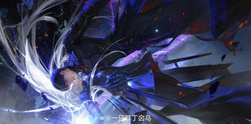 1boy 1girl absurdres arm_around_waist armor black_cape black_eyes black_hair black_pants blue_skirt breastplate cape closed_mouth debris embers eye_contact eyelashes falling feet_out_of_frame floating_clothes floating_hair full_armor gauntlets hand_on_another&#039;s_hip hetero highres imminent_kiss lips long_hair long_sleeves looking_at_another love_and_deepspace miniskirt outdoors pants pink_lips pleated_skirt protagonist_(love_and_deepspace) realistic short_hair skirt spikes storm two-sided_fabric two-sided_skirt very_long_hair watermark weibo_watermark white_hair yi_zhi_er_ding_xin_wu zayne_(love_and_deepspace)