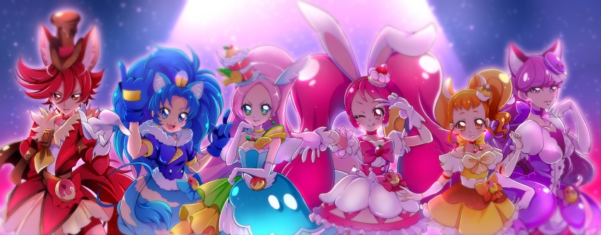 6+girls ;q \n/ absurdres animal_ears aqua_eyes arisugawa_himari blue_dress blue_eyes blue_gloves blue_hair cat_ears cat_tail chocolate choker closed_mouth commentary crown cure_chocolat cure_custard cure_gelato cure_macaron cure_parfait cure_whip custard dog_ears dog_tail double_\n/ dress earrings elbow_gloves english_commentary extra_ears fang food food-themed_clothes food-themed_hair_ornament frilled_dress frills full_moon gloves gold_crown hair_ornament hand_on_own_hip hat highres jacket jewelry kenjou_akira kirahoshi_ciel kirakira_precure_a_la_mode kotozume_yukari lion_ears lion_tail long_hair looking_at_viewer macaron magical_girl medium_dress mitsuki_tayura mixed-language_commentary moon multiple_girls one_eye_closed open_mouth orange_eyes orange_hair parfait parted_bangs pink_dress pink_eyes pink_hair pouch precure puffy_short_sleeves puffy_sleeves purple_choker purple_dress purple_eyes purple_hair rabbit_ears rabbit_tail reaching reaching_towards_viewer red_eyes red_hair red_jacket short_dress short_hair short_sleeves side-by-side side_ponytail sky smile squirrel_ears squirrel_tail standing star_(sky) starry_sky tail tategami_aoi tongue tongue_out top_hat twintails usami_ichika v v_over_eye very_long_hair white_gloves wide_ponytail