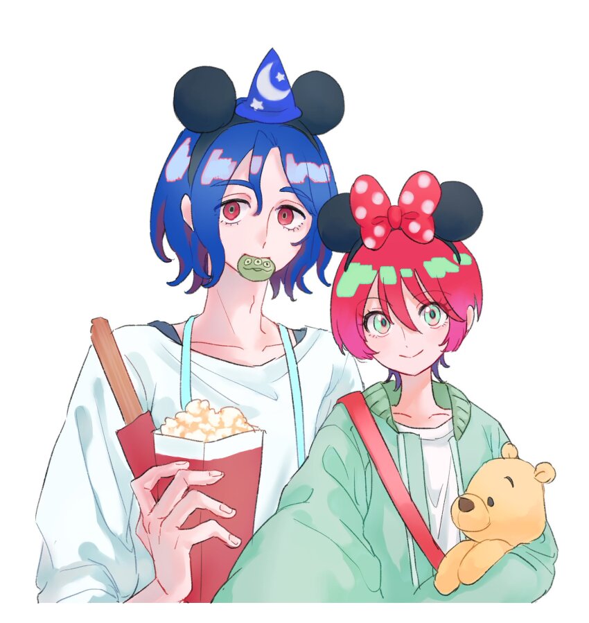 1boy 1girl alien_(toy_story) amate_yuzuriha animal_ears aqua_eyes blue_hair breasts closed_mouth commentary_request cookie disney doll eating fantasia_(disney) food gundam gundam_gquuuuuux highres htjnboxod jacket long_sleeves looking_at_viewer mickey_mouse mickey_mouse_ears minnie_mouse minnie_mouse_ears mouse_ears multicolored_hair open_clothes open_jacket pooh popcorn purple_hair red_eyes red_hair shirt short_hair shuji_ito simple_background smile stuffed_toy toy_story two-tone_hair upper_body white_background winnie_the_pooh