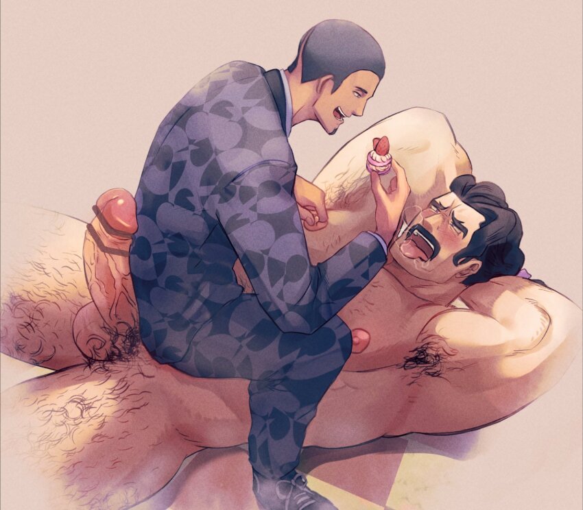 2boys armpits arms_behind_head bad_id bad_pixiv_id bar_censor bdsm bondage bound bound_wrists censored dark-skinned_male dark_skin erection food hands_behind highres huge_penis large_penis looking_at_another looking_down male_focus multiple_boys muscular muscular_male nintendo penis pointless_censoring pokemon pokemon_sv saguaro_(pokemon) salvatore_(pokemon) sitting sitting_on_person smile sweets tongue tongue_out ya_su_yu_ki