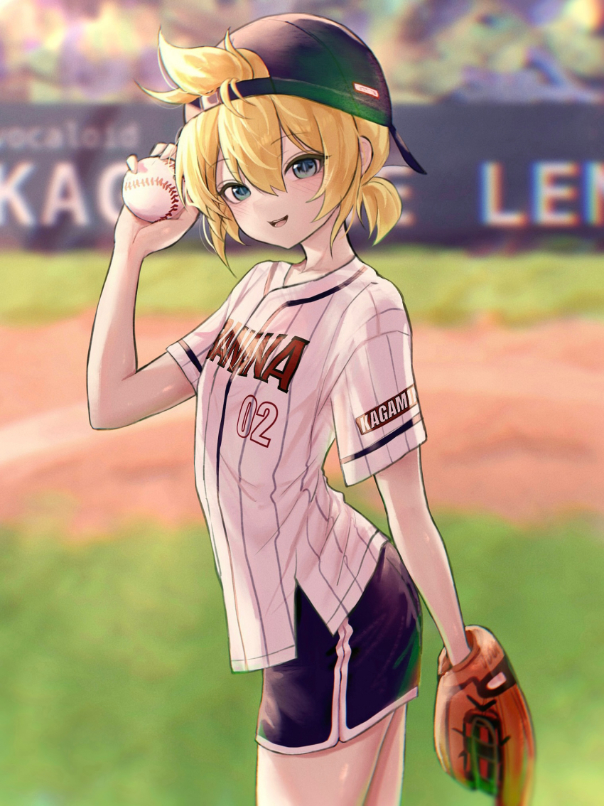 1boy ahoge azulasi backwards_hat ball baseball baseball_cap baseball_glove baseball_jersey baseball_stadium black_hat black_shorts blonde_hair blue_eyes blurry blurry_background blush character_name collarbone commentary commentary_request copyright_name cowboy_shot day double-parted_bangs english_commentary english_text from_side hair_between_eyes hand_up hat highres holding holding_ball jersey kagamine_len looking_at_viewer low_ponytail male_focus medium_hair mixed-language_commentary open_mouth outdoors partial_commentary ponytail shirt short_shorts short_sleeves shorts sidelocks smile solo striped_clothes striped_shirt vertical-striped_clothes vertical-striped_shirt vocaloid white_shirt