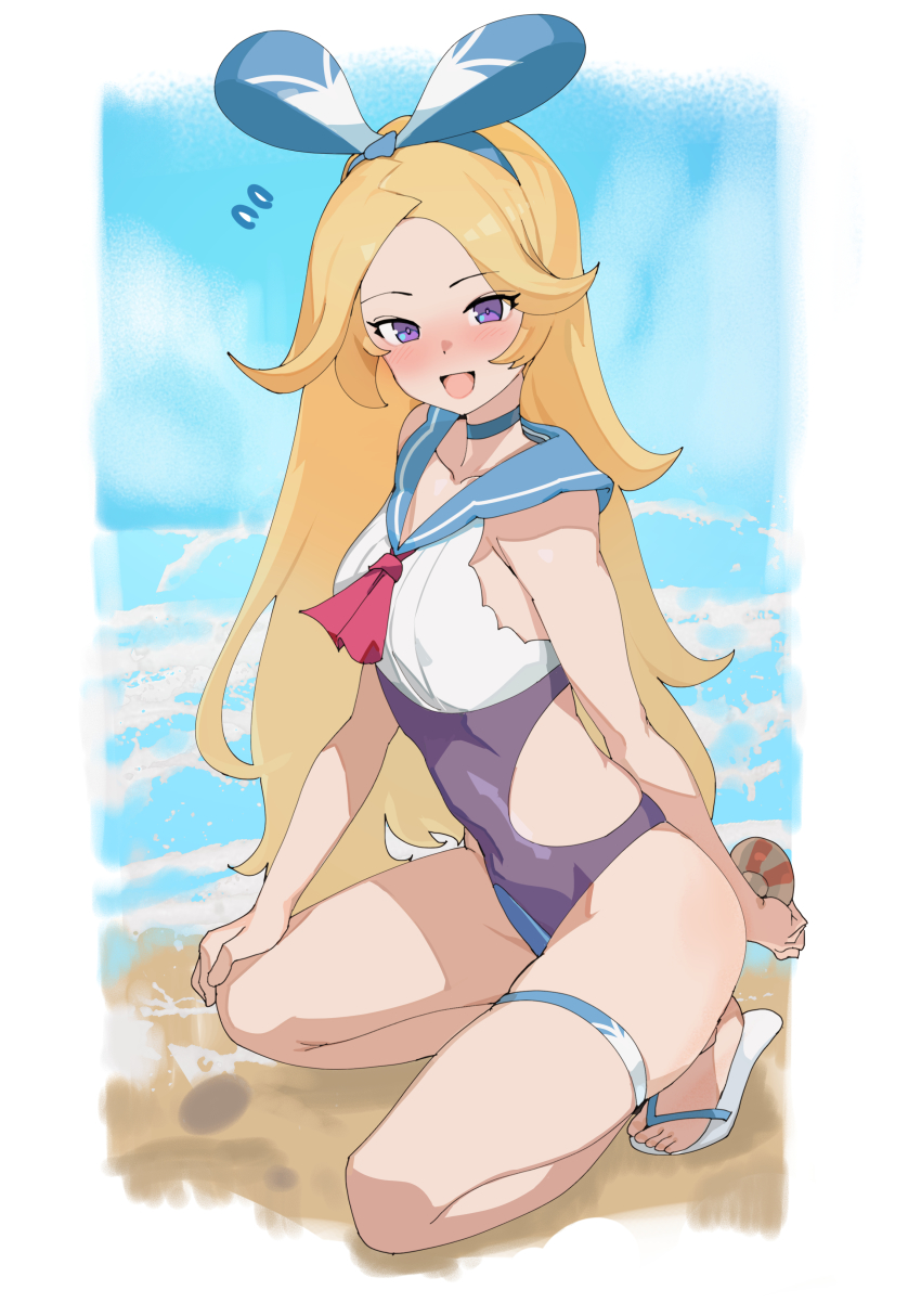 1girl :d absurdres alice_(world_flipper) beach blonde_hair blush flip-flops hairband highres jin_rou kneeling long_hair looking_at_viewer one-piece_swimsuit open_mouth purple_eyes sailor_collar sandals smile solo swimsuit thigh_strap very_long_hair world_flipper