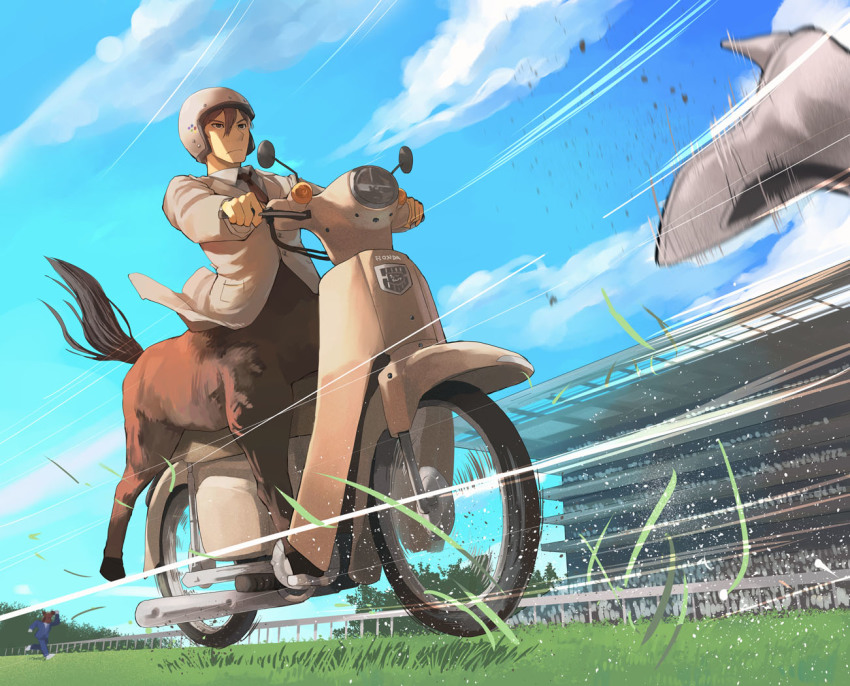 2boys blue_sky brown_eyes brown_hair centaur character_request closed_mouth cloud collared_shirt commentary_request copyright_request crowd day dress_shirt formal_clothes full_body grass hair_between_eyes helmet honda horse_head horse_racing horse_racing_track horse_tail indoors jacket long_sleeves male_focus monster_boy motor_vehicle motorcycle motorcycle_helmet multiple_boys multiple_legs racing shadow shimekiri_(yamada4vt) shirt sidelocks sitting sky suit tail taur vehicle_request white_footwear white_jacket white_shirt