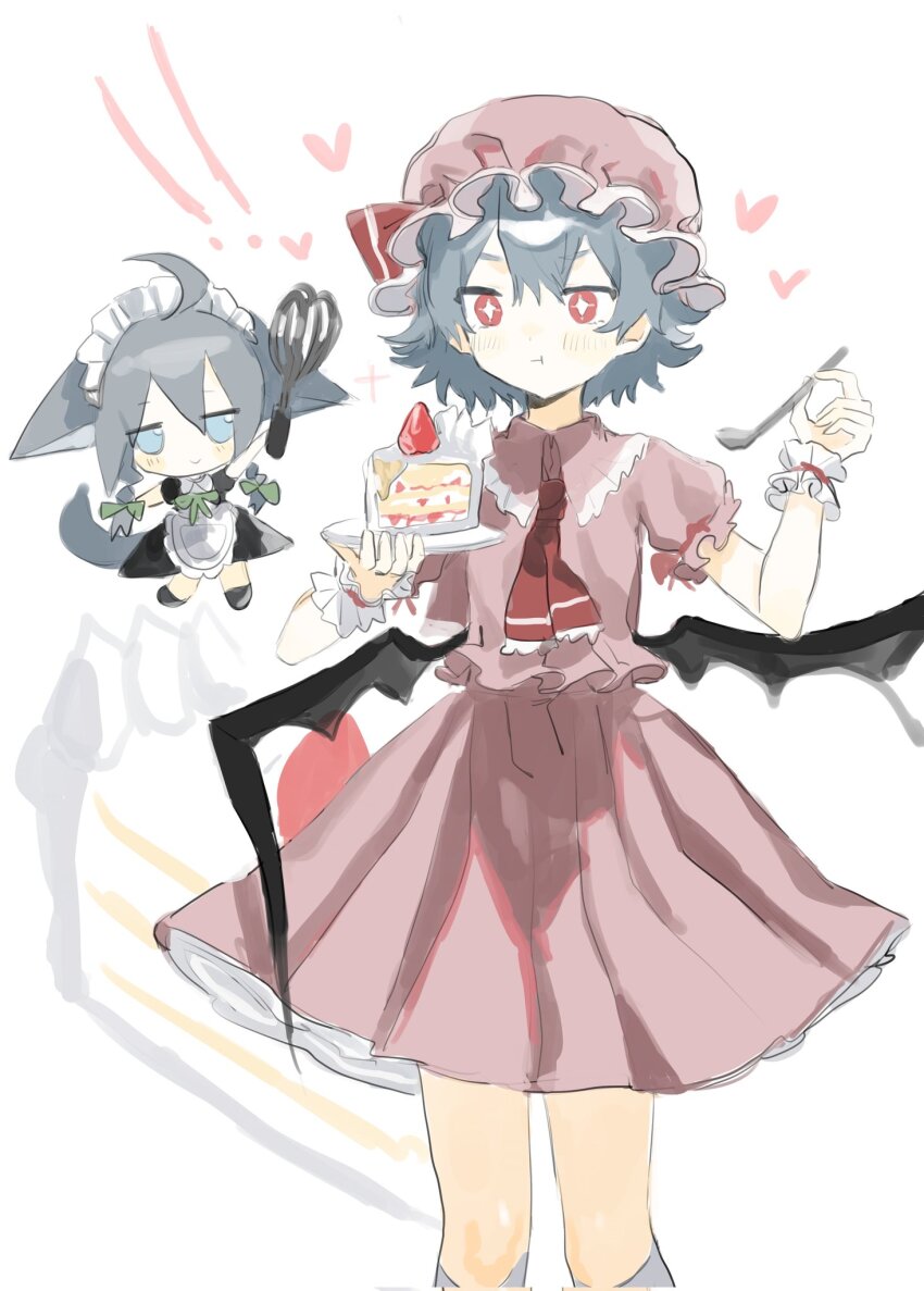 1984_(cw1000110) 2girls animal_ears apron ascot bat_wings blue_hair bow braid cake cake_slice collared_shirt dog_ears dog_tail food frilled_shirt_collar frills fruit fumo_(doll) green_bow grey_tail hair_between_eyes hair_bow hat hat_ribbon heart highres holding holding_plate holding_spoon inu_sakuya_(nejikirio) izayoi_sakuya kemonomimi_mode knife maid maid_apron maid_headdress mob_cap multiple_girls pink_hat pink_shirt pink_skirt plate puffy_short_sleeves puffy_sleeves red_ascot red_eyes red_ribbon remilia_scarlet ribbon shirt short_hair short_sleeves simple_background skirt skirt_set sparkling_eyes spoon strawberry tail touhou twin_braids waist_apron white_apron white_background wings wrist_cuffs