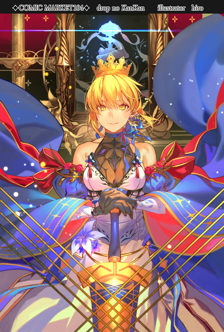 1girl absurdres artoria_pendragon_(fate) black_gloves blonde_hair breasts crown dress excalibur_(fate/stay_night) fate/grand_order fate_(series) flower gloves green_eyes highres hiro_(hirohiro_gorira) looking_at_viewer medium_breasts own_hands_together saber_(fate) sleeveless sleeveless_dress smile solo white_dress wide_sleeves