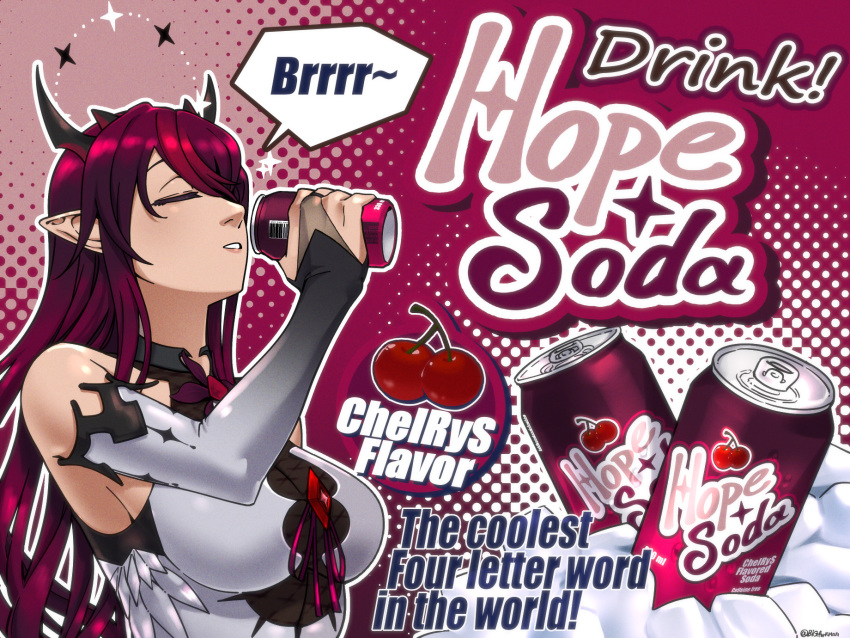 1girl ad bigforkman breasts bridal_gauntlets can cherry closed_eyes drink_can elbow_gloves english_text food fruit gloves highres hololive hololive_english horns irys_(hololive) irys_(irys_1.0)_(hololive) long_hair red_hair shirt sleeveless soda soda_can solo virtual_youtuber white_shirt