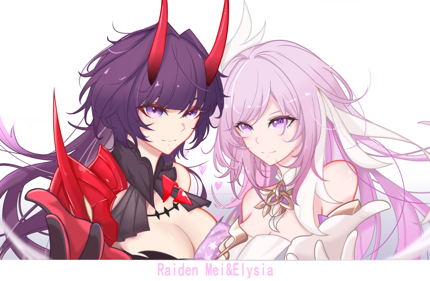 2girls absurdres armor bare_shoulders black_gloves breasts bridal_veil character_name chinese_commentary cleavage closed_mouth commentary_request diamond-shaped_pupils diamond_(shape) dress elysia_(herrscher_of_human:_ego)_(honkai_impact) elysia_(honkai_impact) eyeliner gloves highres honkai_(series) honkai_impact_3rd horns large_breasts long_hair long_horns looking_at_viewer makeup multicolored_hair multiple_girls portrait purple_eyes purple_hair purple_pupils raiden_mei raiden_mei_(herrscher_of_thunder) reaching reaching_towards_viewer red_eyeliner red_gloves red_horns shoulder_armor simple_background single_bare_shoulder smile streaked_hair symbol-shaped_pupils two-tone_gloves veil white_background white_dress white_gloves white_veil wu_hai