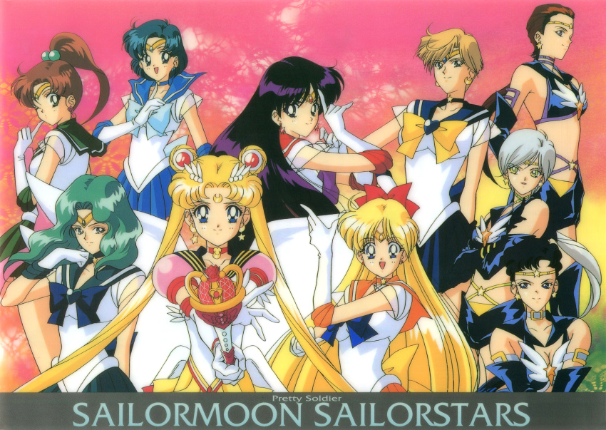 1990s_(style) aino_minako aqua_eyes aqua_hair bishoujo_senshi_sailor_moon bishoujo_senshi_sailor_moon_sailor_stars bishoujo_senshi_sailor_moon_stars black_eyes black_hair blonde_hair blue_eyes blue_hair breasts brooch brown_hair choker cleavage copyright_name crescent crescent_earrings crescent_facial_mark double_bun earrings elbow_gloves facial_mark gloves green_eyes hair_bobbles hair_bun hair_ornament heart heart_brooch high_ponytail highres hino_rei holding holding_wand jewelry kaiou_michiru kino_makoto leotard long_hair miniskirt mizuno_ami official_art one_eye_closed open_mouth pleated_skirt ponytail retro_artstyle sailor_jupiter sailor_mars sailor_mercury sailor_moon sailor_neptune sailor_senshi sailor_star_fighter sailor_star_healer sailor_star_maker sailor_uranus sailor_venus scan seiya_kou short_hair skirt smile spiral_heart_moon_rod star_(symbol) star_brooch star_earrings super_sailor_moon taiki_kou ten&#039;ou_haruka tiara tsukino_usagi twintails very_long_hair very_short_hair wand white_hair wing_brooch yaten_kou yellow_eyes