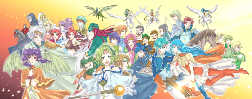 6+boys 6+girls amelia_(fire_emblem) aqua_hair armor artur_(fire_emblem) bare_shoulders bat_wings beard black_hair blonde_hair blue_eyes blue_hair brown_gloves brown_hair character_request colm_(fire_emblem) cormag_(fire_emblem) dozla_(fire_emblem) dragon duessel_(fire_emblem) eirika_(fire_emblem) ephraim_(fire_emblem) ewan_(fire_emblem) facial_hair fingerless_gloves fire_emblem fire_emblem:_the_sacred_stones forde_(fire_emblem) franz_(fire_emblem) garcia_(fire_emblem) gerik_(fire_emblem) gilliam_(fire_emblem) gloves gradient_background green_eyes green_hair hat headband highres ichino_tomizuki innes_(fire_emblem) joshua_(fire_emblem) knoll_(fire_emblem) kyle_(fire_emblem) l&#039;arachel_(fire_emblem) long_hair lute_(fire_emblem) marisa_(fire_emblem) midriff moulder_(fire_emblem) multiple_boys multiple_girls myrrh_(fire_emblem) natasha_(fire_emblem) neimi_(fire_emblem) nintendo pegasus ponytail profile purple_hair red_eyes rennac_(fire_emblem) riding ross_(fire_emblem) saleh_(fire_emblem) seth_(fire_emblem) short_hair silver_hair syrene_(fire_emblem) tana_(fire_emblem) tethys_(fire_emblem) vanessa_(fire_emblem) white_gloves wings