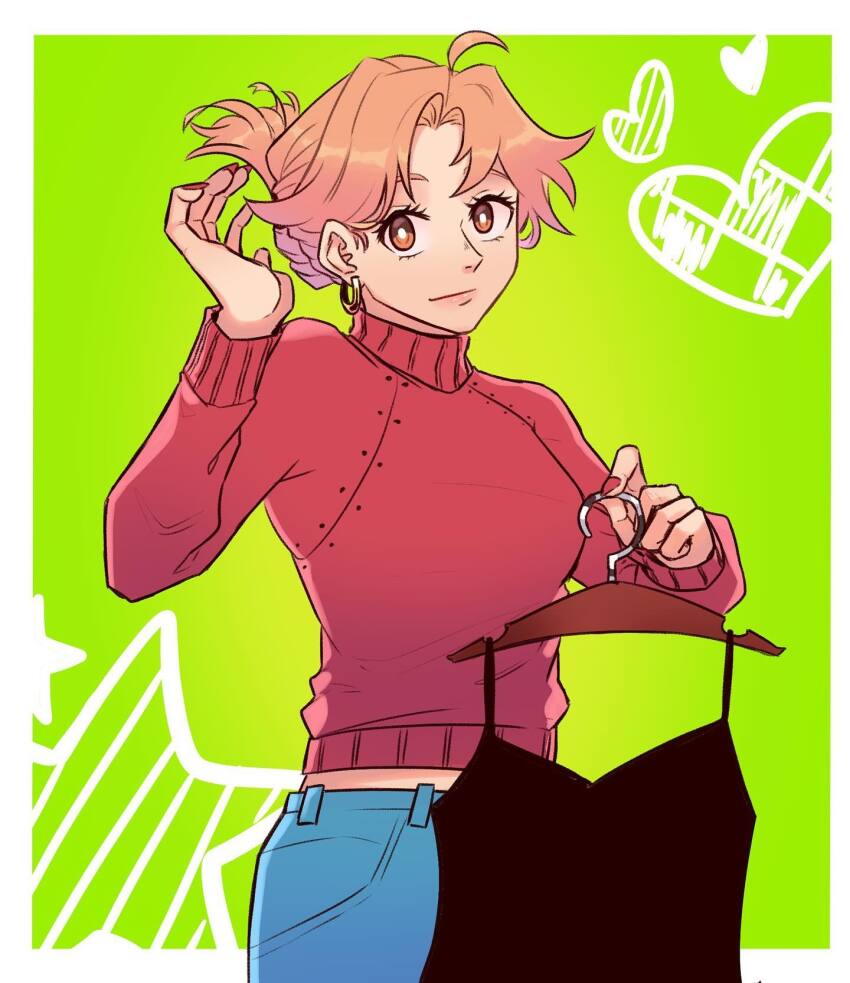 1girl ahoge alternate_hairstyle black_dress blue_pants breasts bright_pupils brown_hair caydeus closed_mouth clothes_hanger commentary cowboy_shot curtained_hair denim dress earrings english_commentary folded_ponytail green_background hand_up heart highres holding holding_clothes_hanger hoop_earrings jeans jewelry kininatteru_hito_ga_otoko_ja_nakatta long_sleeves medium_breasts midriff_peek oosawa_aya orange_hair pants red_nails red_sweater short_hair sleeveless sleeveless_dress solo star_(symbol) sweater turtleneck turtleneck_sweater unworn_dress white_pupils