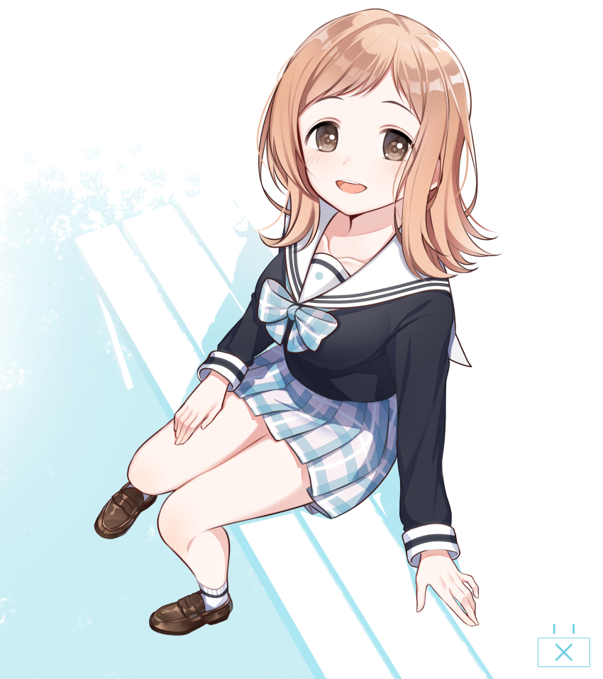 1girl :d absurdres bad_id bad_pixiv_id bench black_shirt bow brown_eyes brown_hair brown_shoes collarbone commentary_request female_focus highres idolmaster idolmaster_shiny_colors loafers on_bench open_mouth park_bench plaid_bow plaid_clothes plaid_skirt pleated_skirt round_teeth sailor_collar sakuragi_mano school_uniform serafuku shirt shoes sitting skirt smile socks solo teeth the_cold upper_teeth_only white_background white_sailor_collar white_skirt white_socks