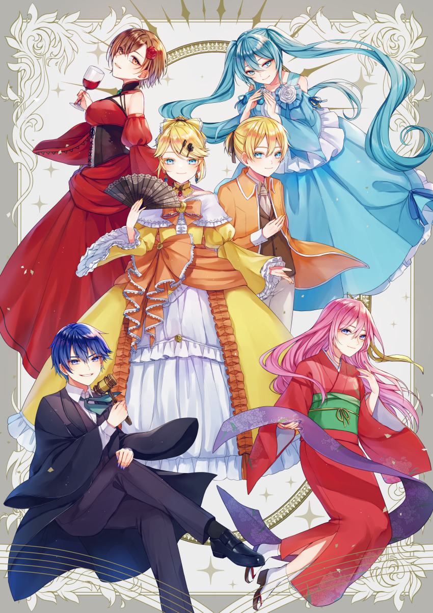 2boys 4girls absurdres aku_no_meshitsukai_(vocaloid) aku_no_musume_(vocaloid) akujiki_musume_conchita_(vocaloid) akutoku_no_judgement_(vocaloid) allen_avadonia aqua_eyes aqua_hair aryuma772 ascot banica_conchita black_choker black_corset black_footwear black_pants black_robe black_socks black_suit blonde_hair blue_dress blue_eyes blue_hair blue_nails bottle bow breasts broom brown_ascot brown_eyes brown_hair brown_pants brown_ribbon choker clothing_cutout collared_jacket collared_shirt corset crossed_legs cup detached_sleeves dress dress_bow dress_flower dress_ribbon drinking_glass earrings enbizaka_no_shitateya_(vocaloid) evil_grin evil_smile evillious_nendaiki flask floating_hair flower formal_clothes frilled_choker frilled_dress frilled_sleeves frills gallerian_marlon gavel gem glass_of_conchita green_gemstone green_sash grin hair_between_eyes hair_flower hair_ornament hairclip hammer hand_fan hand_on_own_chest hand_on_own_knee hatsune_miku high_ponytail highres holding holding_bottle holding_cup holding_fan holding_flask holding_hammer jacket japanese_clothes jewelry judge kagamine_len kagamine_rin kaito_(vocaloid) kanzashi kimono large_breasts long_dress long_hair long_sleeves looking_at_viewer margarita_blankenheim megurine_luka meiko_(vocaloid) multiple_boys multiple_girls neck_ribbon nemurase_hime_kara_no_okurimono_(vocaloid) obi off-shoulder_dress off_shoulder okobo orange_bow orange_jacket orange_ribbon outstretched_arm pants petticoat pink_kimono platform_sandals poison ponytail project_sekai puffy_long_sleeves puffy_sleeves red_dress red_flower red_gemstone red_kimono red_nails red_rose ribbon riliane_lucifen_d&#039;autriche robe rose sandals sash shirt shoes short_hair short_ponytail side_cutout sidelocks sideways_glance sitting smile socks songover suit tabi twintails updo very_long_hair vessel_of_sin vocaloid white_flower white_rose white_shirt white_socks wide_sleeves wine_glass yellow_choker yellow_dress yellow_flower yellow_nails yellow_rose