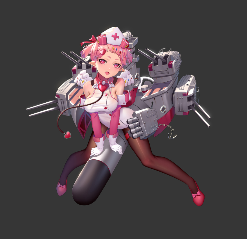 1girl abyss_horizon anchor bare_shoulders bow breasts brown_pantyhose cannon chain character_request cross detached_sleeves dress fangs female_focus flower gloves grey_background hair_ornament hat head_tilt heart heart-shaped_pupils heart_hair_ornament high_heels highres hk_(hk) large_breasts long_sleeves machinery mini_wings nurse_cap open_mouth pantyhose pink_bow pink_hair pink_sleeves pointy_ears red_eyes red_flower shoes short_eyebrows simple_background sleeveless sleeveless_dress solo straddling symbol-shaped_pupils thick_eyebrows torpedo turret white_dress white_gloves white_hat white_wings wings
