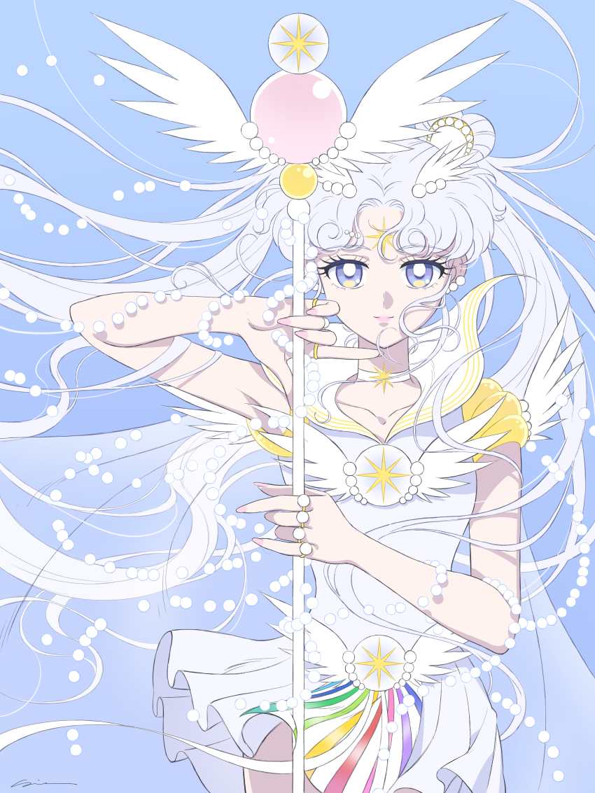 1girl absurdres beads bishoujo_senshi_sailor_moon bishoujo_senshi_sailor_moon_stars blue_background choker collarbone commentary double_bun english_commentary facial_mark floating_hair forehead_mark hair_bun highres holding holding_staff long_hair parted_bangs purple_eyes sailor_cosmos sidney_deng solo staff twintails white_choker white_hair wings