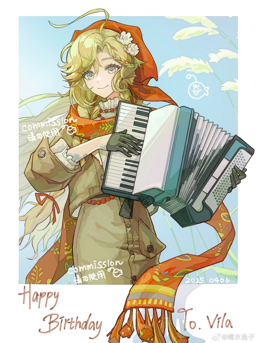 1girl accordion ahoge aqua_eyes black_gloves blonde_hair blue_sky border brown_jacket brown_skirt button_up_skirt character_name commission cowboy_shot dated flower gloves gyhhh hair_flower hair_ornament happy_birthday headscarf highres holding holding_instrument instrument jacket long_hair mole mole_under_eye outside_border red_headscarf red_scarf reeds reverse:1999 scales scarf shirt skirt sky smile solo vila_(reverse:1999) watermark weibo_watermark white_border white_flower white_shirt