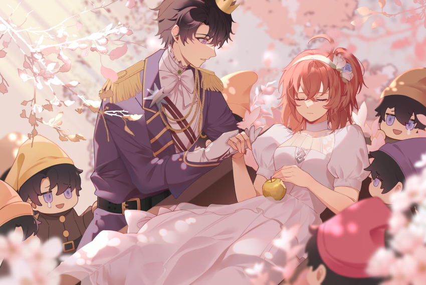 1girl 6+boys aiguillette alternate_costume apple belt belt_buckle black_belt black_hair blue_eyes blue_flower blue_rose bow bowtie buckle chibi closed_eyes commentary crown dress dullnoko english_commentary epaulettes fate/grand_order fate_(series) flower food fruit fujimaru_ritsuka_(female) fujimaru_ritsuka_(male) fujimaru_ritsuka_(male)_(halloween_royalty) gloves golden_apple hair_flower hair_ornament hairband highres holding_hands lying mini_crown multiple_boys official_alternate_costume orange_hair pink_flower pink_rose profile riyo_(lyomsnpmp)_(style) rose shirt short_hair size_difference sleeping snow_white tears white_bow white_dress white_gloves white_hairband white_shirt
