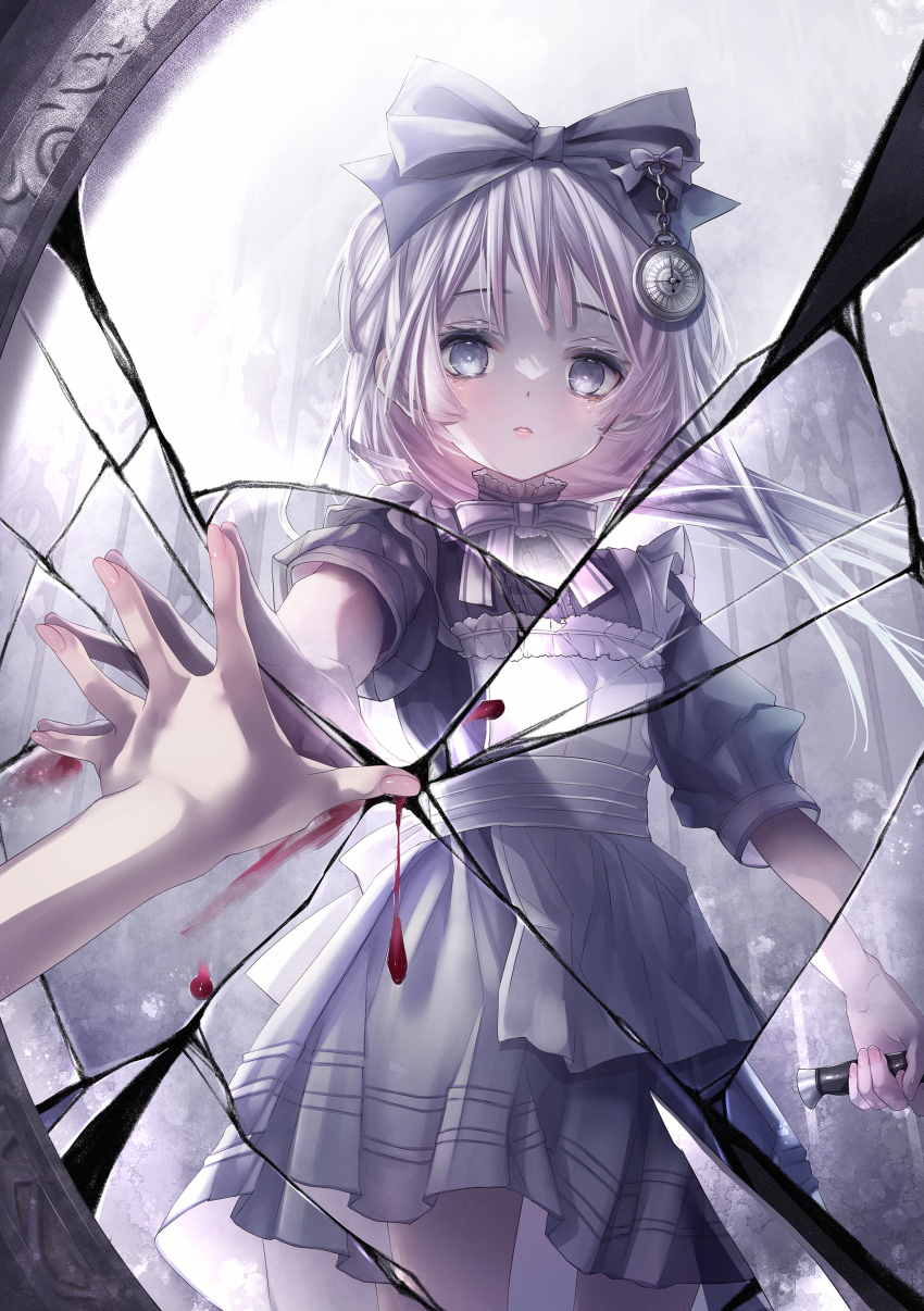 1girl absurdres apron black_bow blood_on_mirror bow bowtie broken_mirror commentary_request cowboy_shot crack cracked_glass dress grey_bow grey_bowtie grey_dress grey_eyes grey_hair hair_bow hand_on_mirror hane_segawa highres holding long_hair looking_at_mirror mirror original parted_lips pocket_watch reflection reflection_focus short_sleeves solo standing watch white_apron