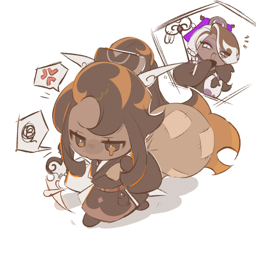 1boy 1girl affogato_cookie anger_vein belt bindle brown_bag brown_belt brown_hair brown_kimono caramel_arrow_cookie carrying_over_shoulder chibi chibi_only cookie_run cookie_run:_kingdom dark-skinned_female dark-skinned_male dark_skin from_above full_body furrowed_brow highres japanese_clothes kimono long_hair looking_ahead multicolored_hair no_nose orange_hair ponytail projected_inset shadow shu_(pjxv7485) sketch spoken_anger_vein spoken_squiggle squiggle streaked_hair tearing_up very_long_hair walking white_background